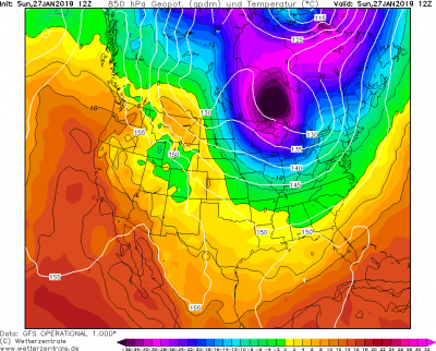 850 hPa teplota a geopotencial 27.01.2019 12 UTC