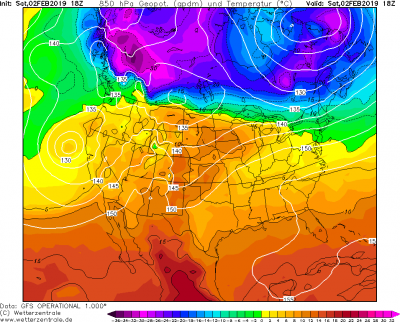 02.02.2019 18 UTC 850 hPa Teplota a Geopotencial