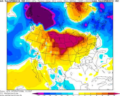 02.02.2019 18 UTC 850 hPa odchylka teploty od normalu 1981-2010