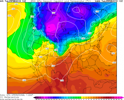 Teplota a geopotencial 850 hPa 05.02.2019 12 UTC