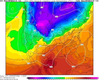 Teplota a geopotencial 850 hPa 06.02.2019 12 UTC