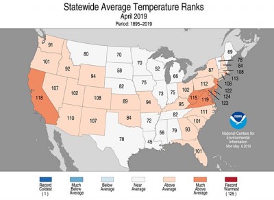 Duben 2019 v USA - anomalie teplot