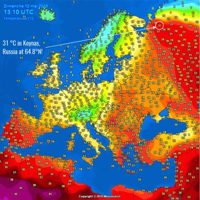 Teplota (aktualni, ne maximalni denni) Evropa 12.05.2019 13:10 UTC (15:10 SELC), zdoj puvodni Meteociel, z clanku na lidovky.cz