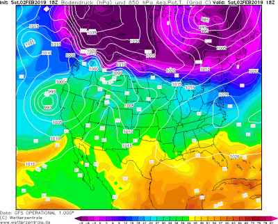 02.02.2019 18 UTC 850 hPa ThetaE a prizemni tlak redukovany na hladinu more