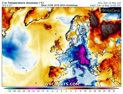 Anomalie aktualni teploty ve 2 m v Evrope od prumeru 1979-2010 14.05.2019 12 UTC (14 SELC), predpoved z behu modelu 12.05.2019 12 UTC, zdroj puvodni wxcharts.com, obrazek na lidovky.cz